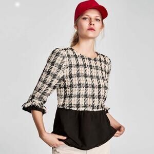 ZARA Contrasting Tweed Top Size Small